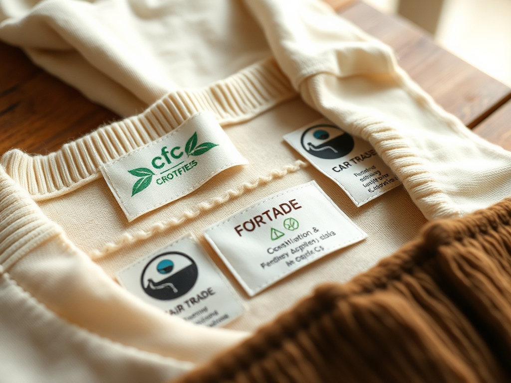 Etichete de pe o bluză, incluzând logo-ul "cfc", informații despre comerțul corect și certificări ecologice.