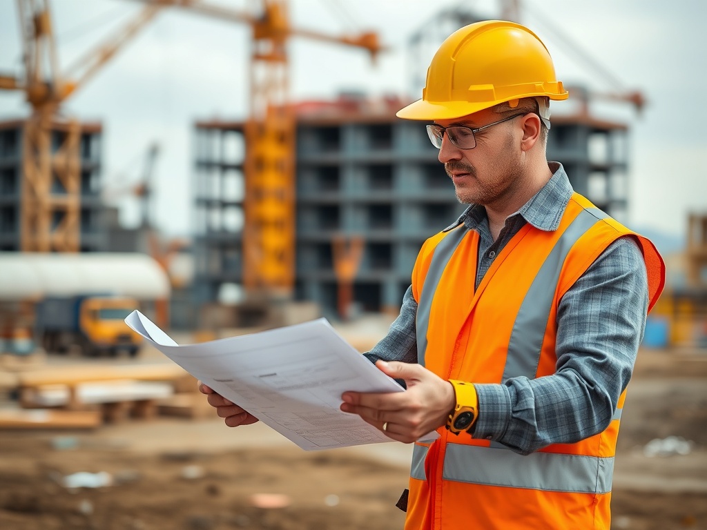 Un muncitor în construcții, îmbrăcat în vestă reflectorizantă și cască, studiază planuri pe un șantier.