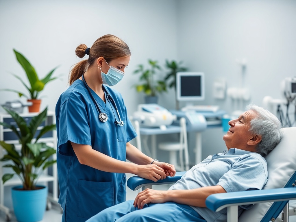 Un medic tânăr discută cu un pacient vârstnic într-un spital, amândoi zâmbind și purtând măști.